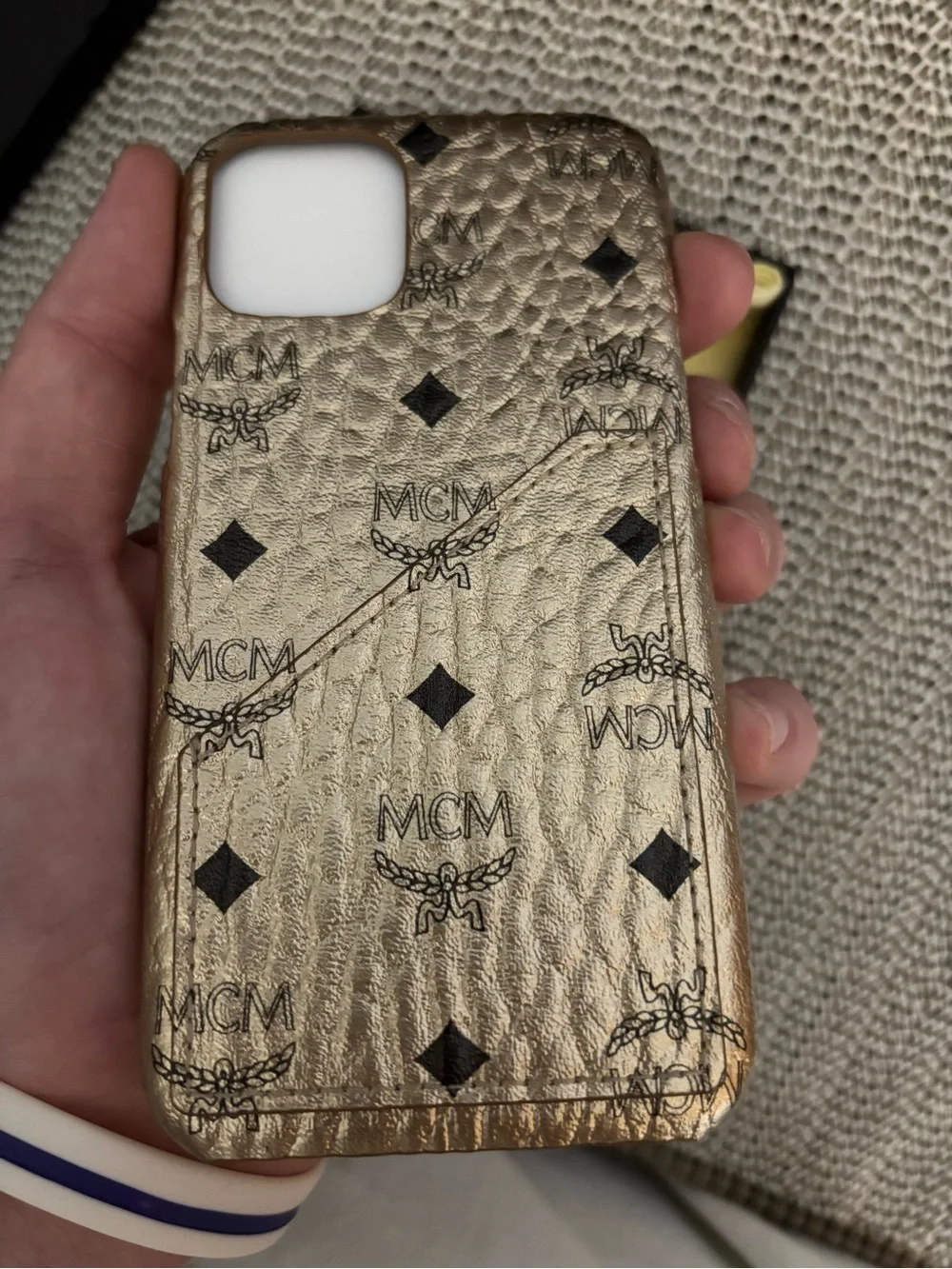 MCM Gold Metallic Logo iPhone Case with Black Monogram